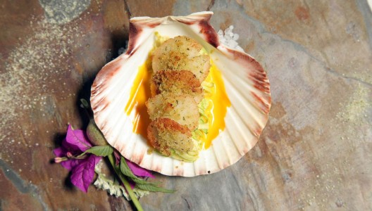 Scallops with fresh basil, lemongrass and grated graviera cheese from Ierissos