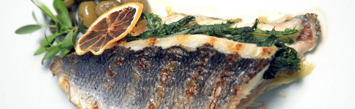 Grilled Sea Bream filet from Mount Athos with smoky eggplant and Halkidiki olives