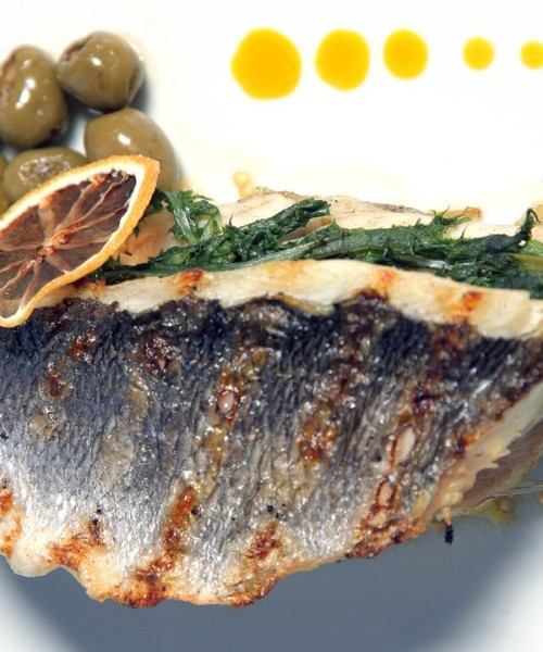 Grilled Sea Bream filet from Mount Athos with smoky eggplant and Halkidiki olives